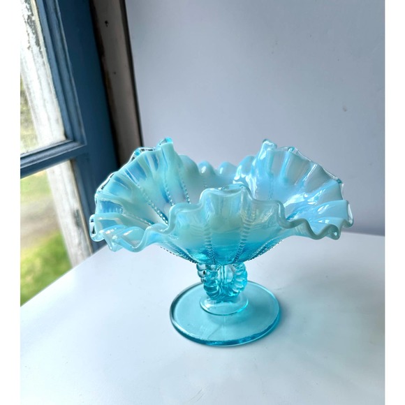 Vintage Fenton For LG Wright Blue Opalescent Beaded Footed Ruffled Edge Compote - Picture 3 of 14